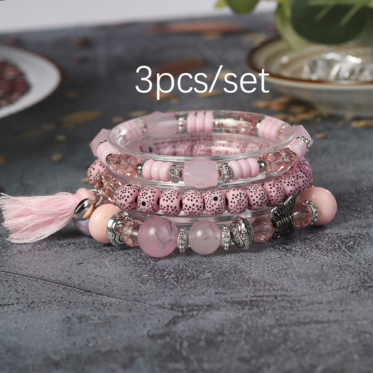 Wholesale Butterfly Tassel Pendant Glass Elastic Bracelet